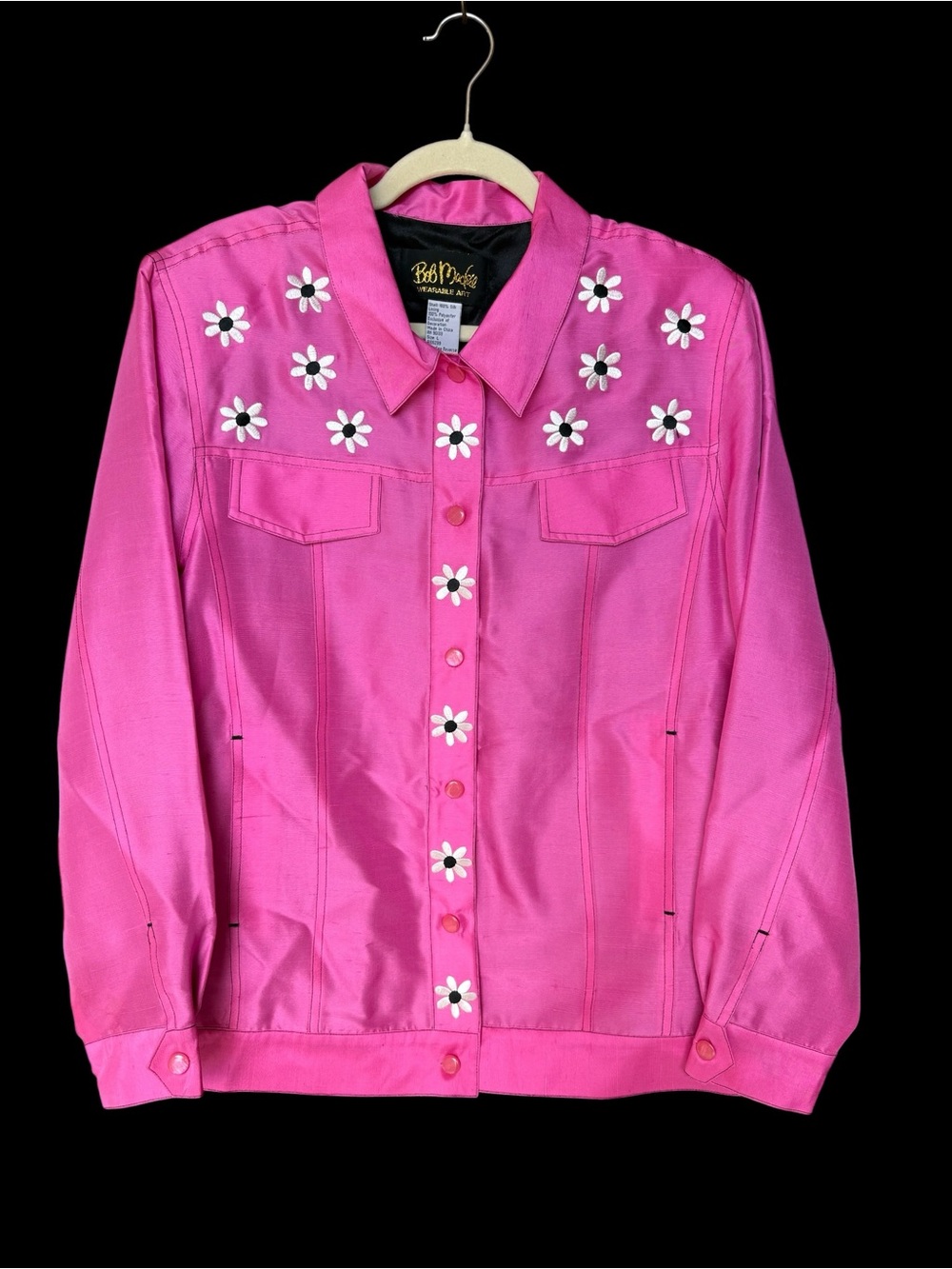 Bob Mackie Hot Pink Floral-Appliqué Silk Jacket Size Large - Picture 4 of 8